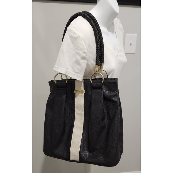 Kenneth Cole Reaction Black & White Bucket Shoulder Bag Woven Handles Y2K - Picture 4 of 16